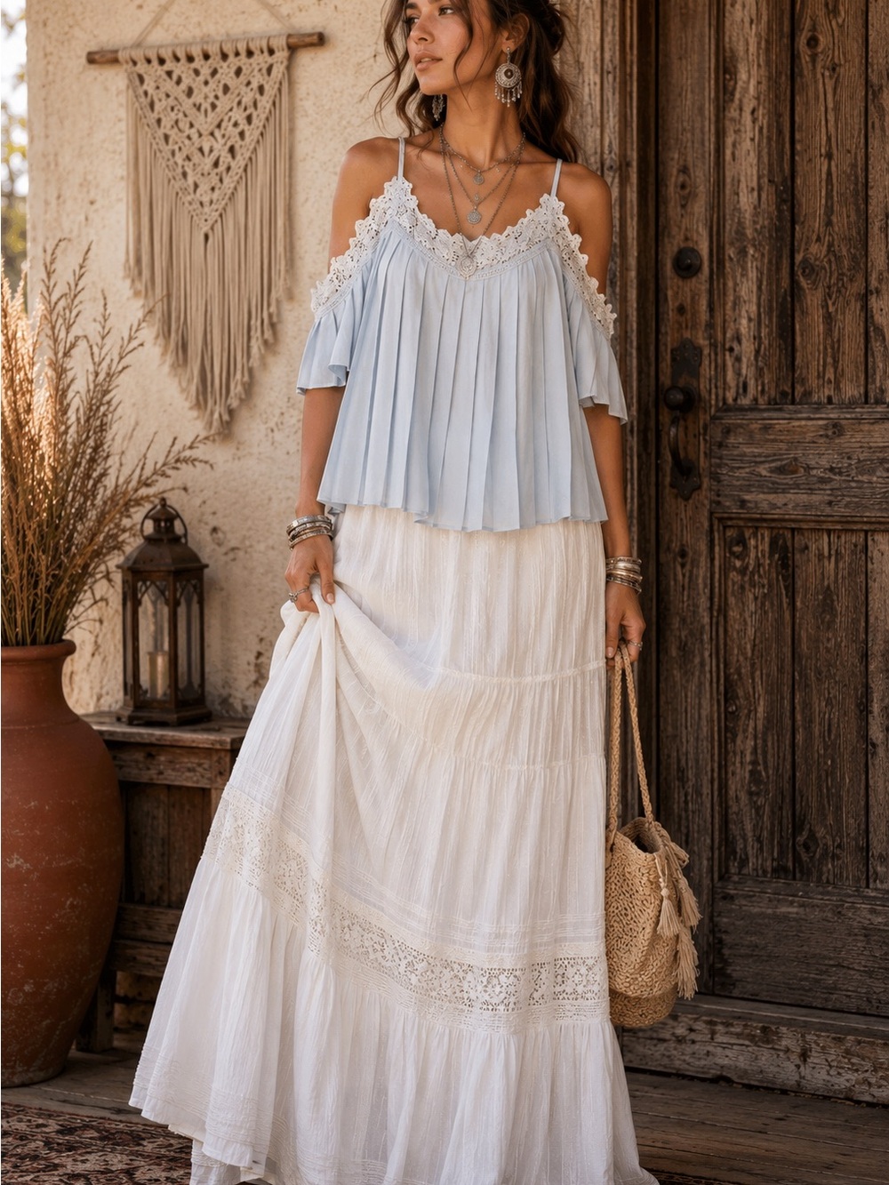 ( L) Listicle Light Blue Pleated Cold-Shoulder Lace-Trim Top
